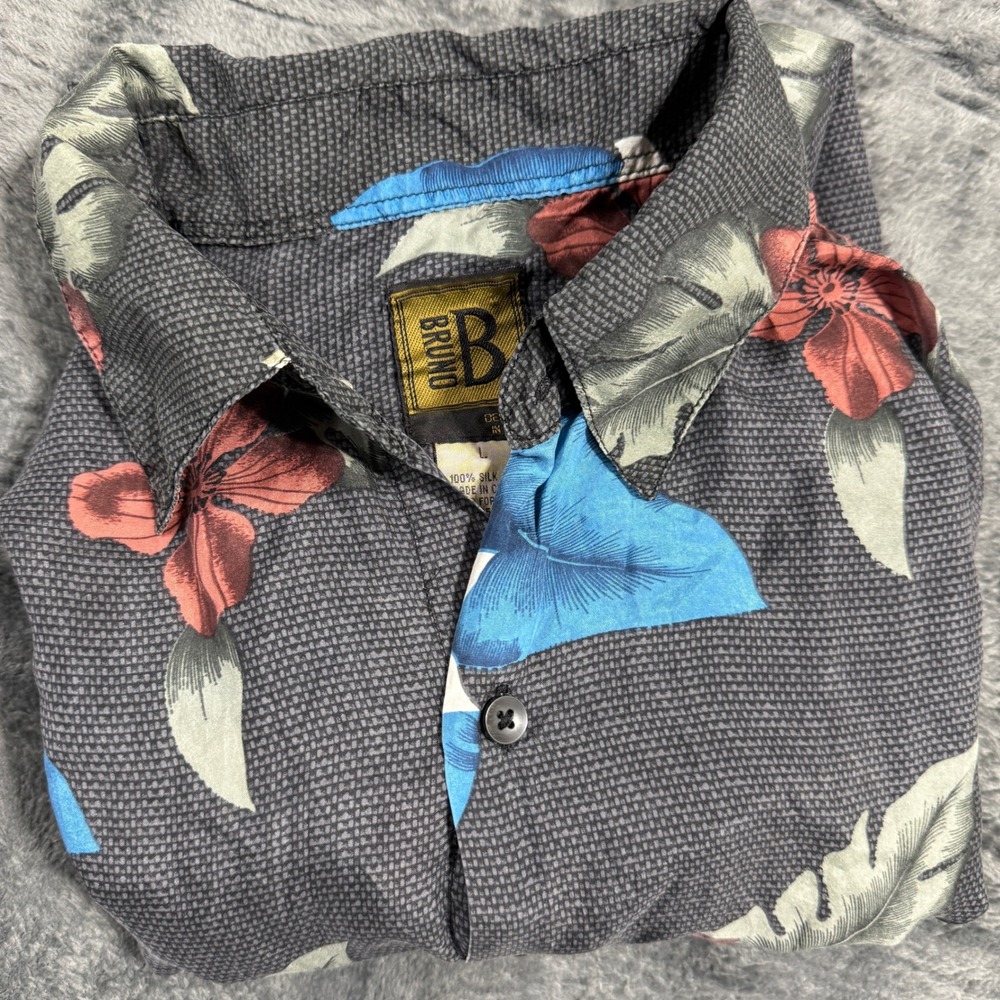 Bruno B Silk Tropical Floral Button Down Shirt Mens Large Charcoal Gray‎